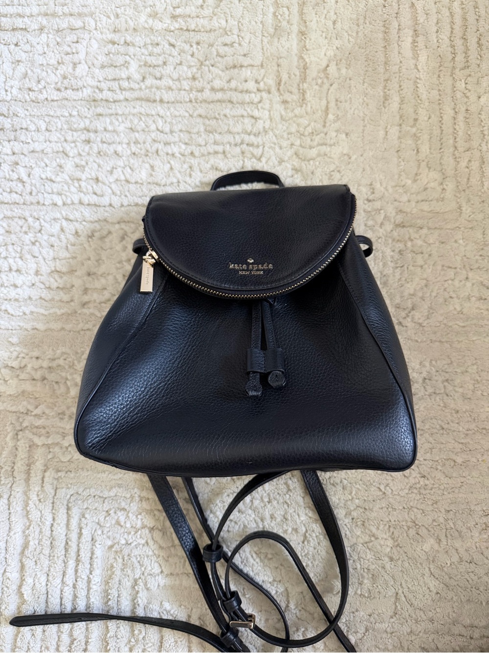 Kate Spade New York Black Pebbled Leather Drawstring Backpack Gold Hardware